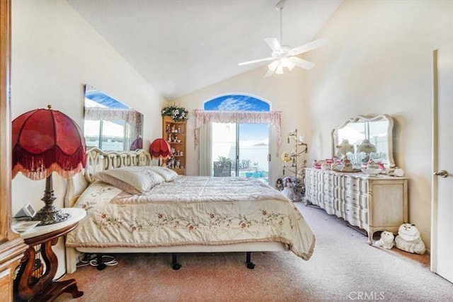 1308 Pleasant Valley Ave, Banning, CA 92220 - carpeted bedroom with ceiling fan, access to outside, multiple windows, and high vaulted ceiling