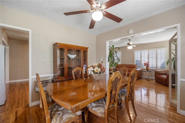 dining room with ceiling fan, wood-type flooring, and a textured ceiling