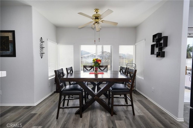 dining room featuring dark wood-type flooring and ceiling fan