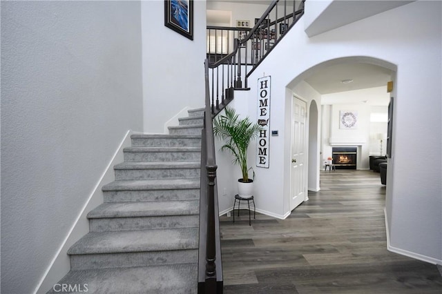 stairway with hardwood / wood-style floors