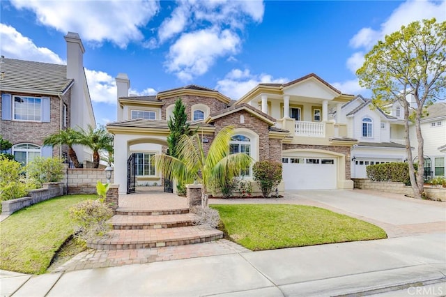 view of front of house with a garage, a balcony, and a front yard