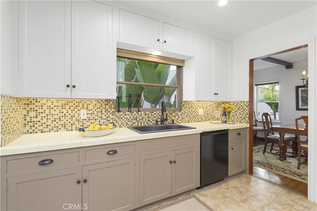 kitchen with sink, dishwasher, white cabinetry, gray cabinetry, and decorative backsplash