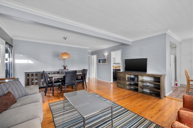 living room featuring crown molding and light hardwood / wood-style flooring