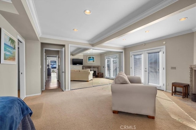 interior space with ornamental molding, light carpet, and french doors