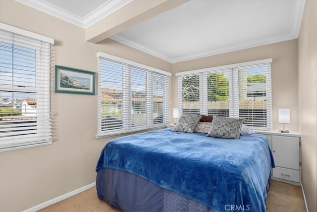 carpeted bedroom with ornamental molding