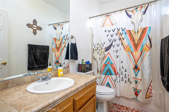 full bath featuring shower / bathtub combination with curtain, toilet, and vanity