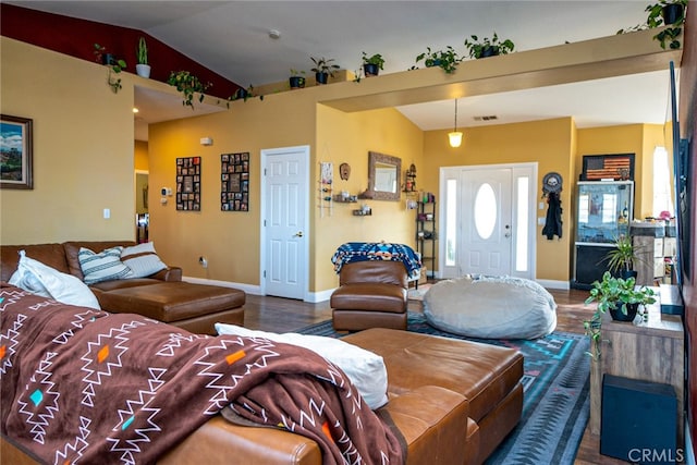 74384 Rocky Rd Unit 29, Palms, CA 92277 - living area with baseboards, wood finished floors, and lofted ceiling