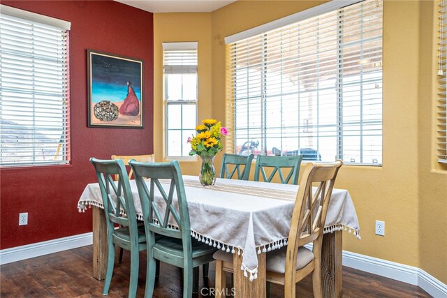 dining space with wood finished floors and baseboards