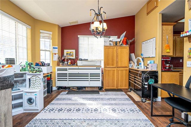 74384 Rocky Rd Unit 29, Palms, CA 92277 - office with dark wood-style flooring, lofted ceiling, and a chandelier