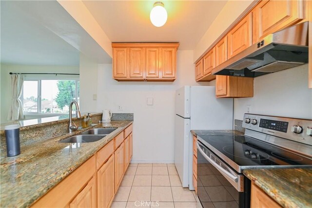 kitchen with light tile patterned floors, stainless steel electric range oven, sink, and stone counters