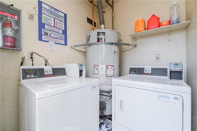 washroom featuring water heater and washing machine and clothes dryer