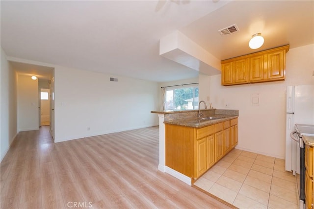 kitchen with sink, light hardwood / wood-style flooring, electric range, stone countertops, and kitchen peninsula