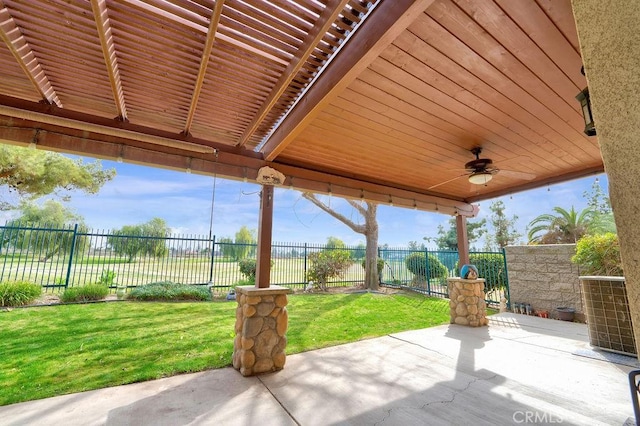 view of patio / terrace with a fenced backyard, ceiling fan, and central AC