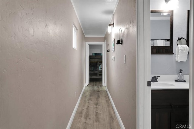 hall with sink and light hardwood / wood-style floors