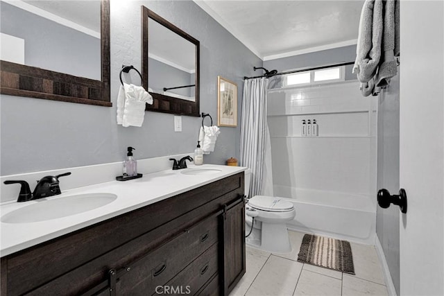 full bathroom featuring tile patterned flooring, vanity, ornamental molding, toilet, and shower / bath combo with shower curtain