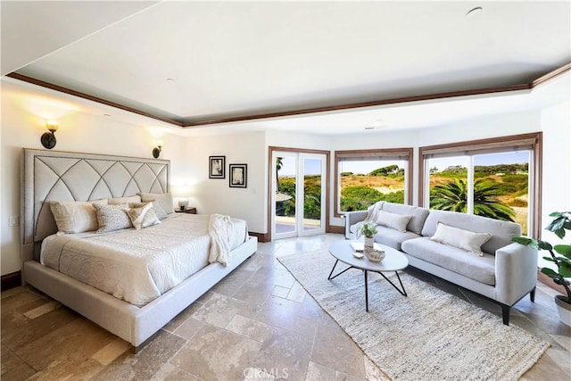 bedroom with a tray ceiling, access to exterior, and multiple windows