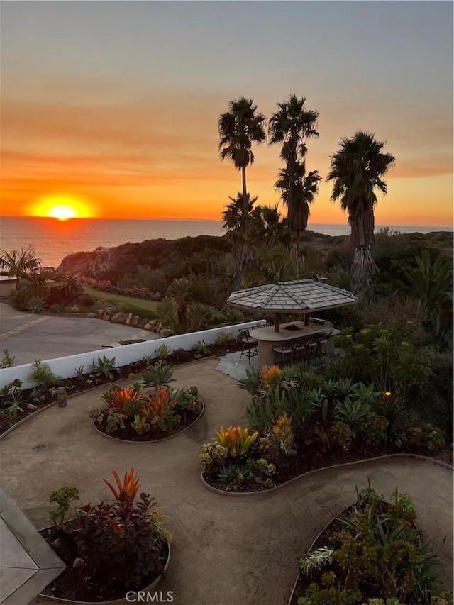 view of home's community featuring a patio and a water view