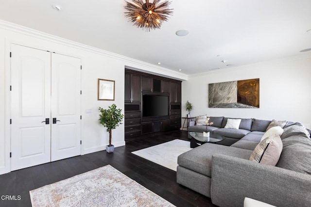 living room featuring crown molding and dark hardwood / wood-style flooring