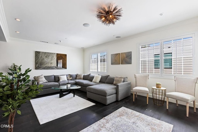 living room featuring dark wood-type flooring and ornamental molding