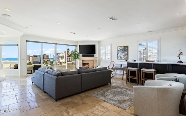 living room with crown molding