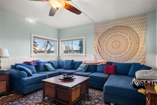 living room featuring ceiling fan