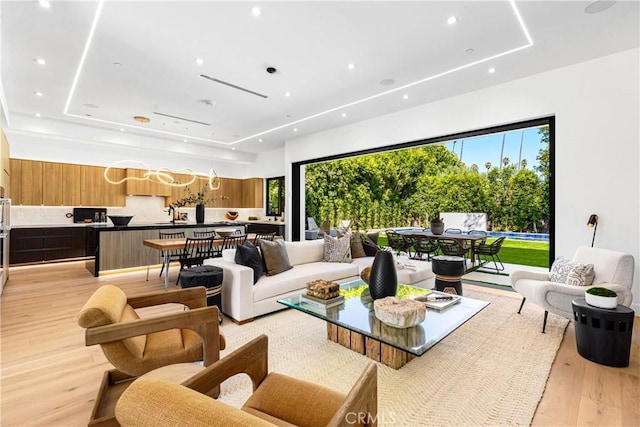 living room featuring plenty of natural light, a raised ceiling, and light wood-type flooring