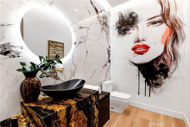 bathroom with vanity, toilet, and hardwood / wood-style floors