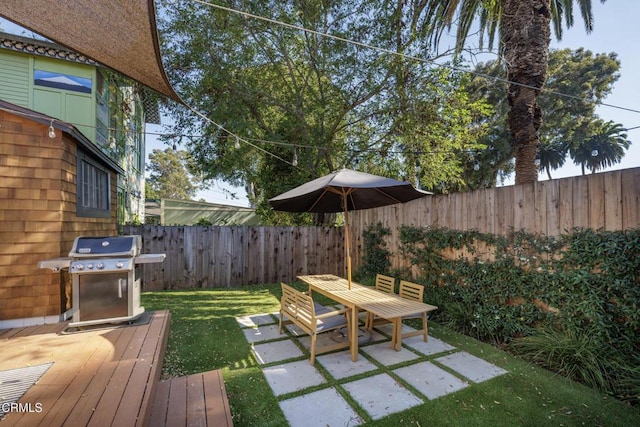 view of yard featuring a patio area, outdoor dining area, and a fenced backyard