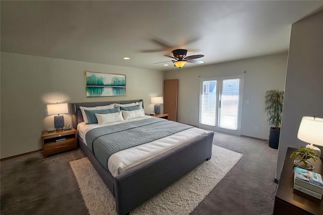 carpeted bedroom with access to exterior, recessed lighting, a ceiling fan, and baseboards