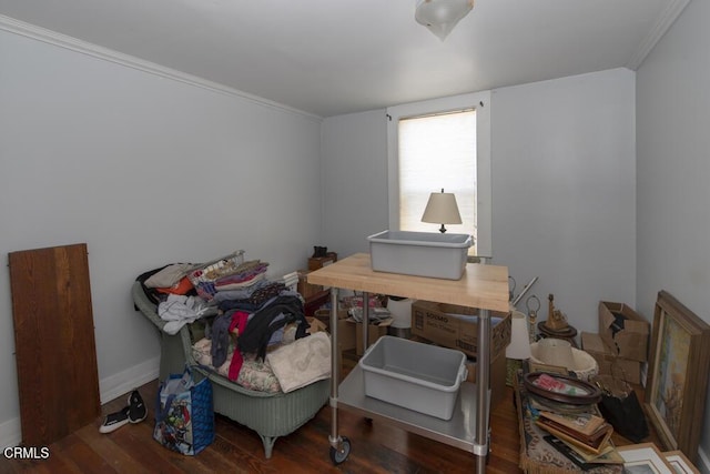 office area featuring crown molding and dark wood-type flooring