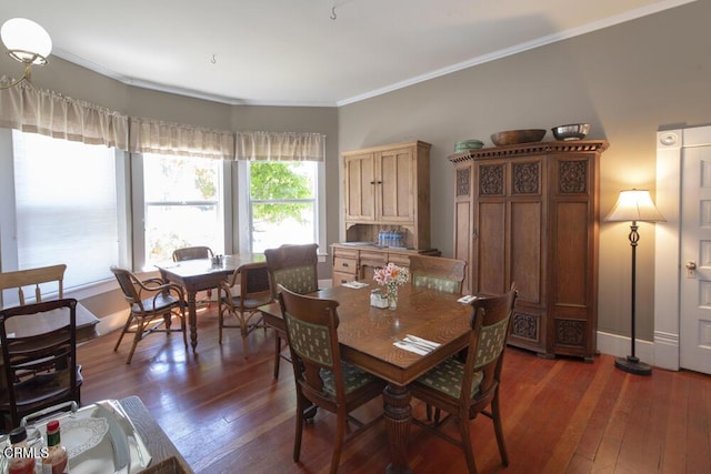 dining room with crown molding and dark hardwood / wood-style flooring