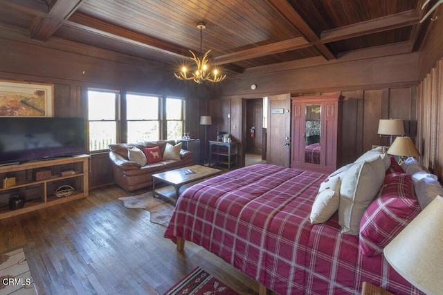 bedroom with wood ceiling, wooden walls, wood-type flooring, and beam ceiling