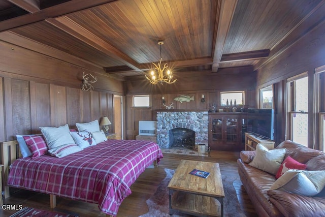 bedroom featuring dark wood-type flooring, wood ceiling, an inviting chandelier, wooden walls, and beamed ceiling