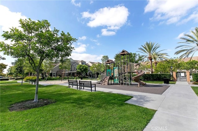 view of play area featuring a lawn