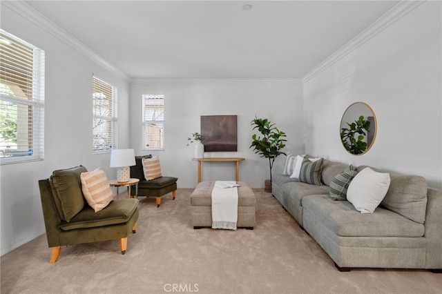 living area with light carpet, plenty of natural light, and crown molding