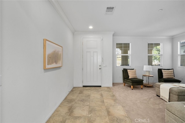 interior space featuring baseboards, visible vents, crown molding, and recessed lighting