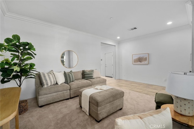 living room with ornamental molding, light tile patterned flooring, visible vents, and recessed lighting