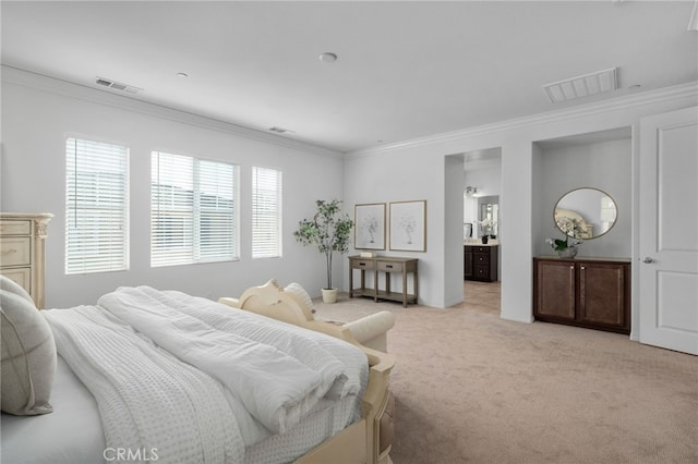 bedroom featuring crown molding and light carpet