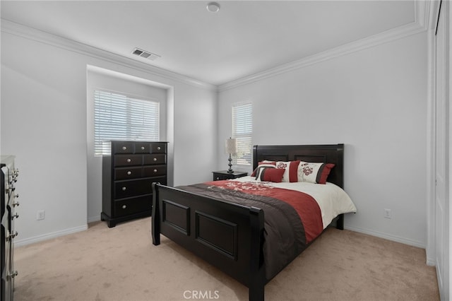 bedroom with light carpet, crown molding, and multiple windows