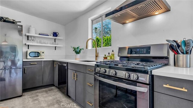 250 W Cortez Rd, Palm Springs, CA 92262 - kitchen featuring stainless steel appliances, custom range hood, a sink, gray cabinets, and open shelves