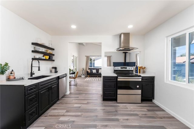 kitchen featuring stainless steel appliances, sink, light hardwood / wood-style flooring, and wall chimney exhaust hood