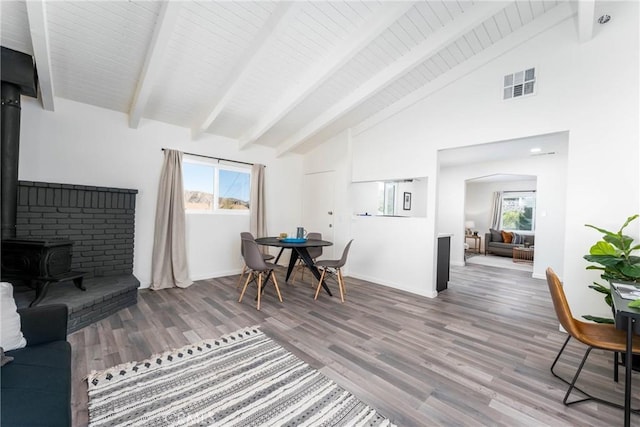 dining room with a healthy amount of sunlight, a wood stove, hardwood / wood-style floors, and beam ceiling