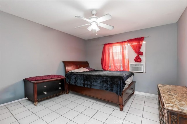 bedroom with cooling unit, ceiling fan, baseboards, and light tile patterned floors