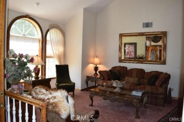 carpeted living room with lofted ceiling