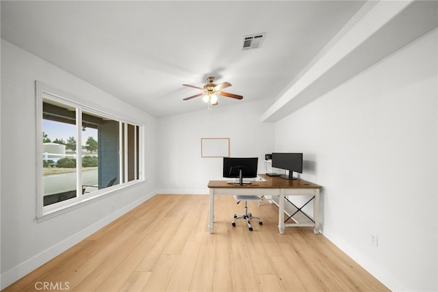 office featuring ceiling fan and light wood-type flooring