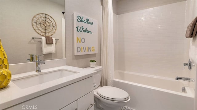 full bathroom with shower / bathtub combination with curtain, vanity, and toilet