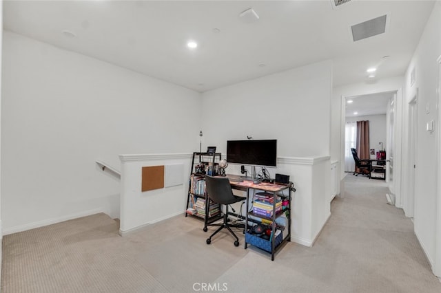 home office with baseboards, recessed lighting, visible vents, and light colored carpet