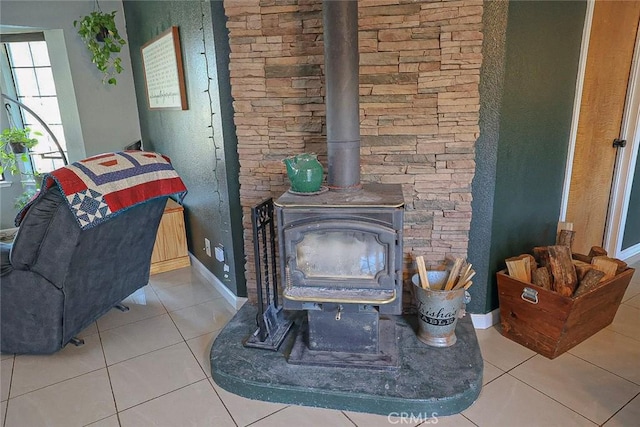 room details featuring a wood stove