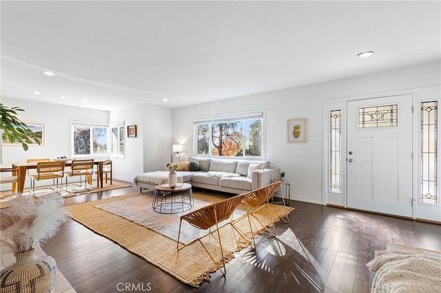 living room with dark wood-type flooring and plenty of natural light