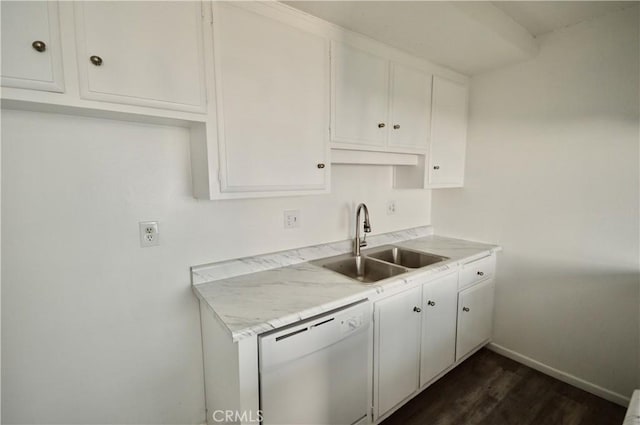 kitchen with white dishwasher, sink, white cabinetry, and dark hardwood / wood-style flooring